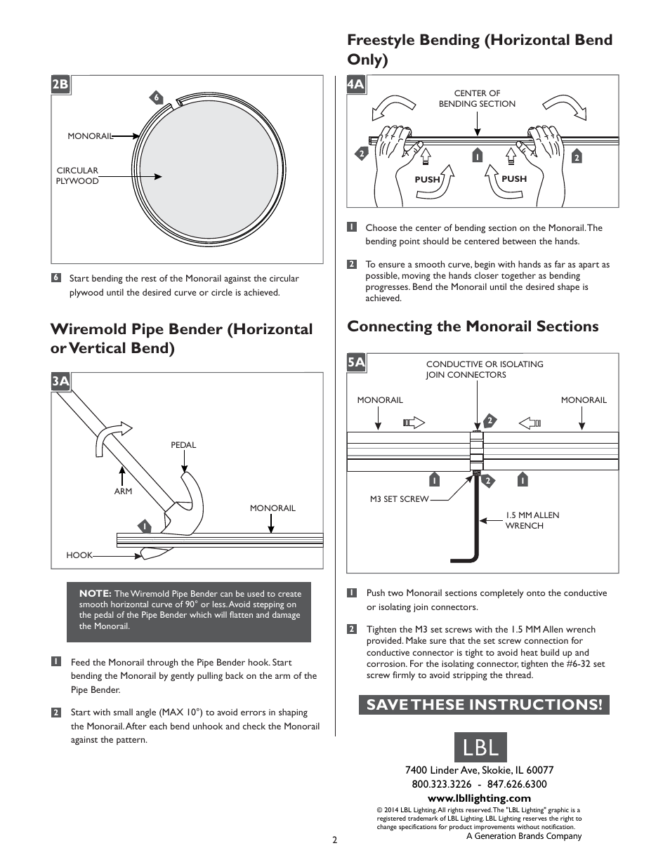Wiremold pipe bender (horizontal or vertical bend), Freestyle bending (horizontal bend only), Save these instructions | 1b 1a 4a 2b, 1a 3a, 1a 5a | LBL Lighting Straight Monorail User Manual | Page 2 / 2