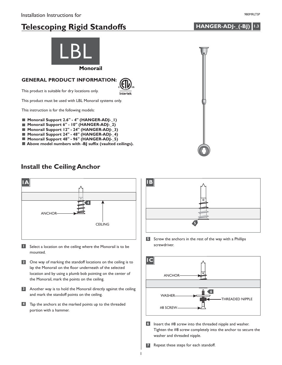 LBL Lighting MO Telescoping Rigid Standoff User Manual | 4 pages