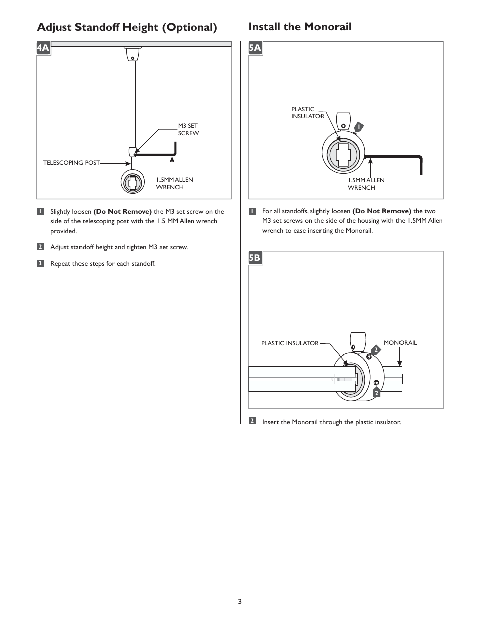 Adjust standoff height (optional), Install the monorail, 4a 1a | 5a 1a 5b | LBL Lighting MO Telescoping Rigid Standoff User Manual | Page 3 / 4