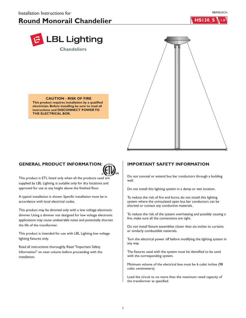 LBL Lighting MO Chandelier Single Tier Round Surf Xfmr User Manual | 4 pages