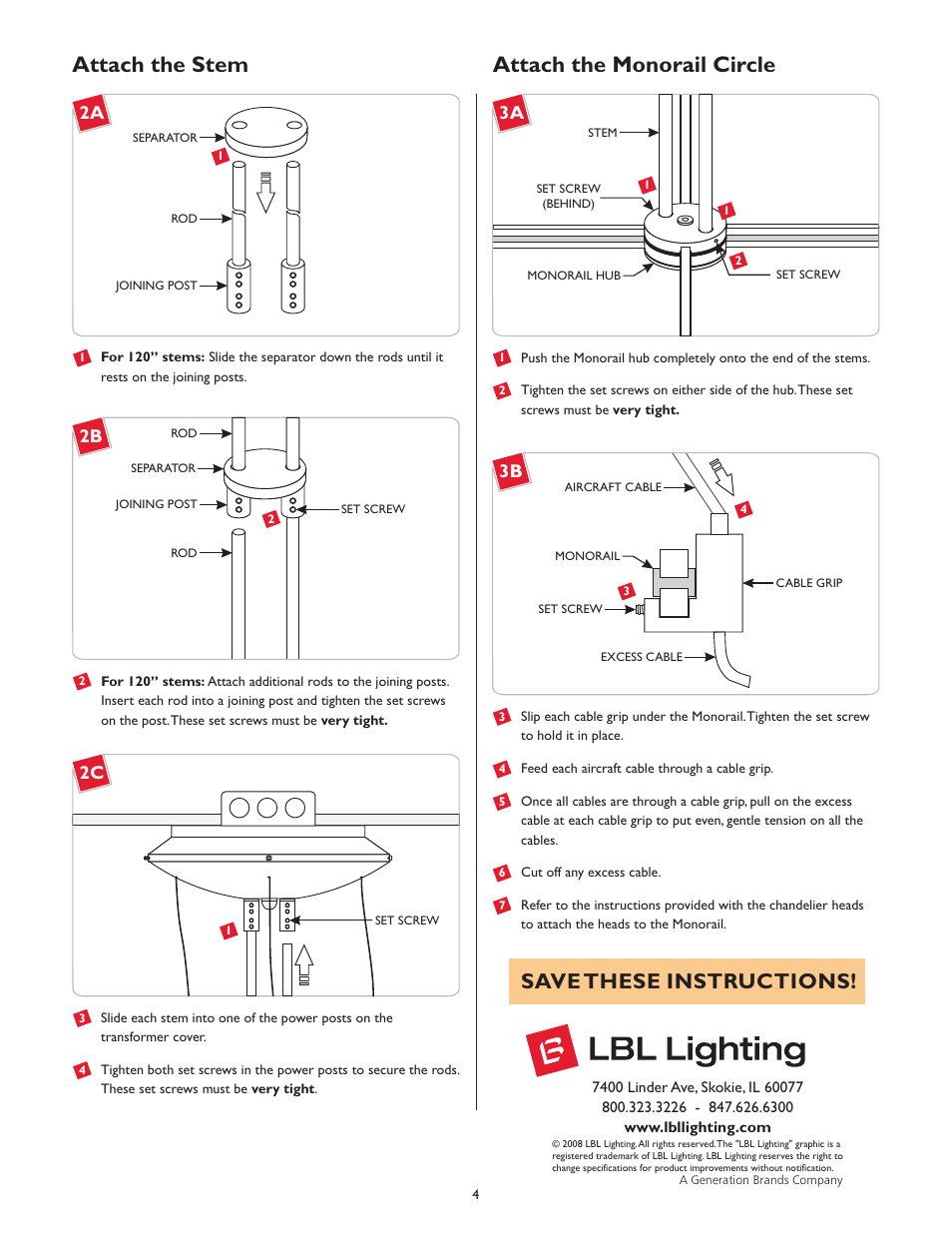 Attach the stem, Attach the monorail circle, Save these instructions | LBL Lighting MO Chandelier Single Tier Round Surf Xfmr User Manual | Page 4 / 4