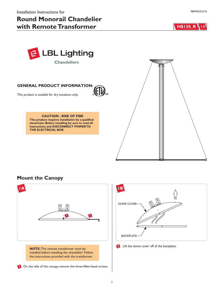 LBL Lighting Round MO Chandelier  with Transformer User Manual | 4 pages