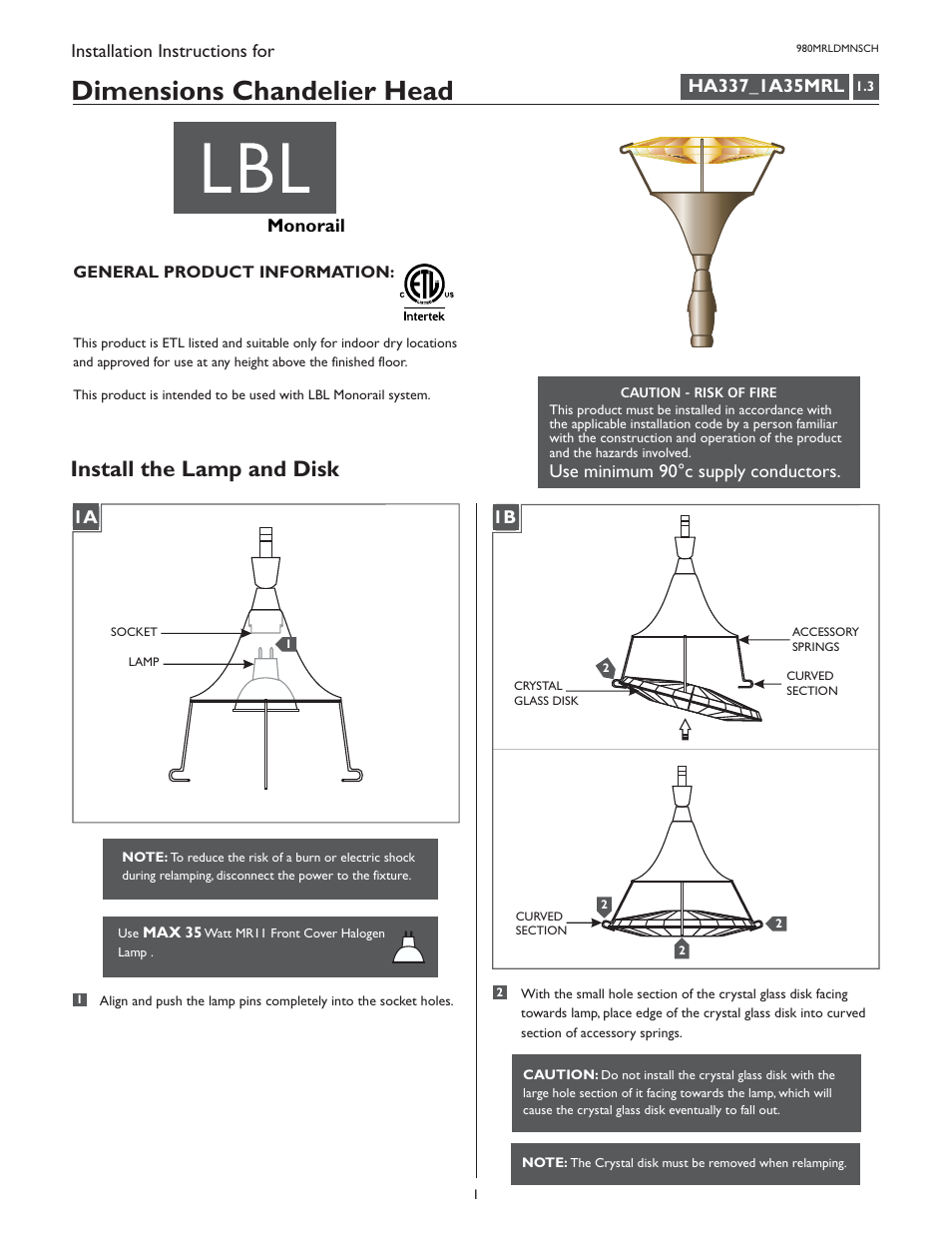 LBL Lighting Dimensions Chandelier User Manual | 2 pages