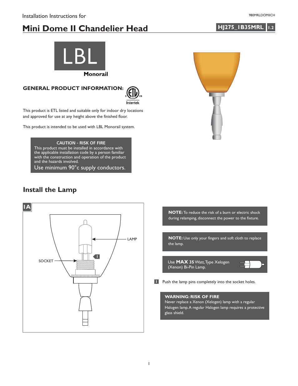 LBL Lighting Mini-Dome II Chandelier User Manual | 2 pages