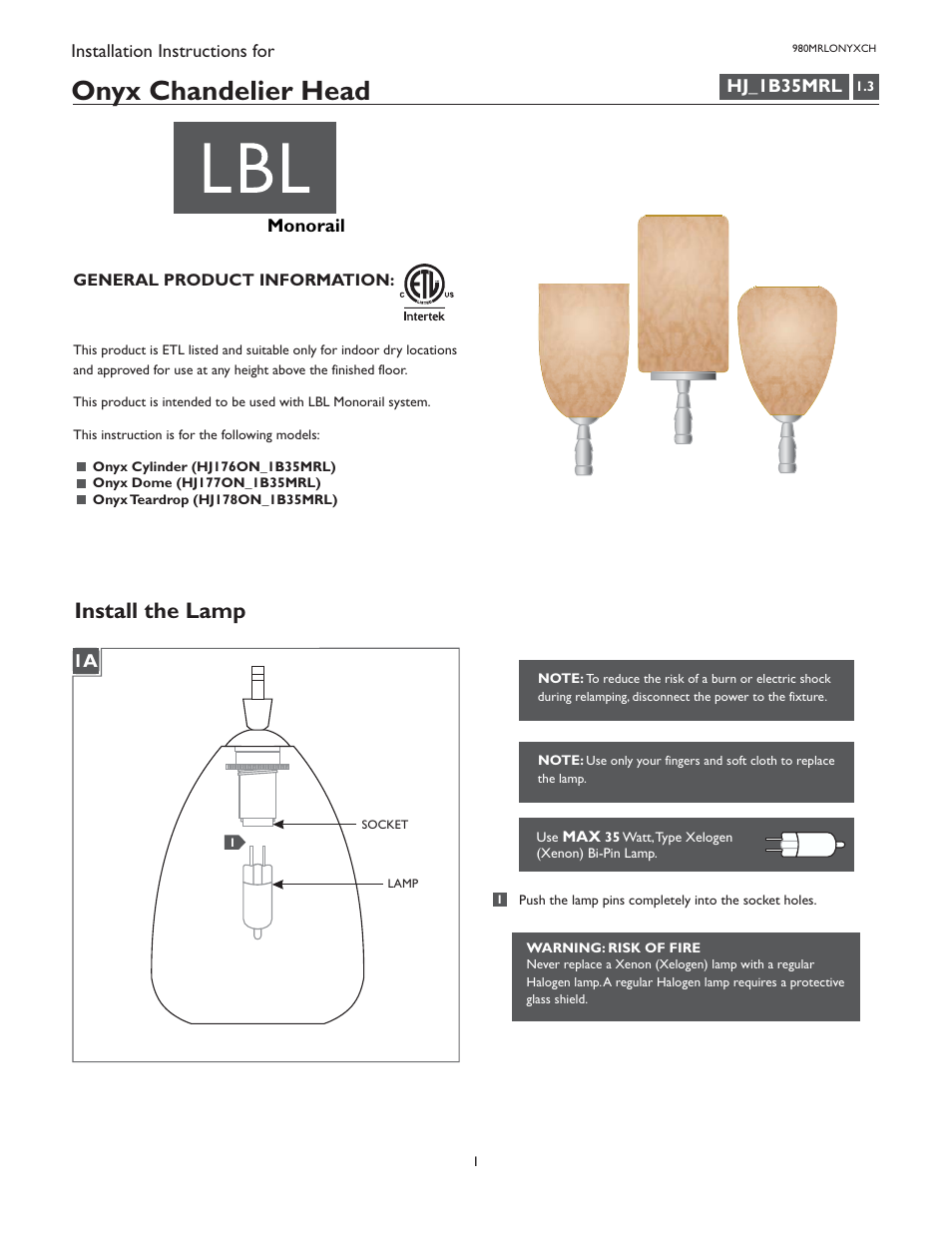 LBL Lighting Onyx Teardrop Chandelier User Manual | 2 pages