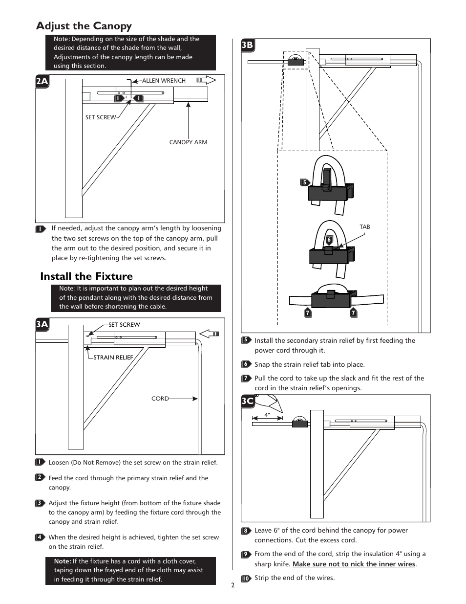 Adjust the canopy, Install the fixture, 1a 2a | 1a 3a, 1a 3b, 1a 3c | LBL Lighting Clifton User Manual | Page 2 / 4