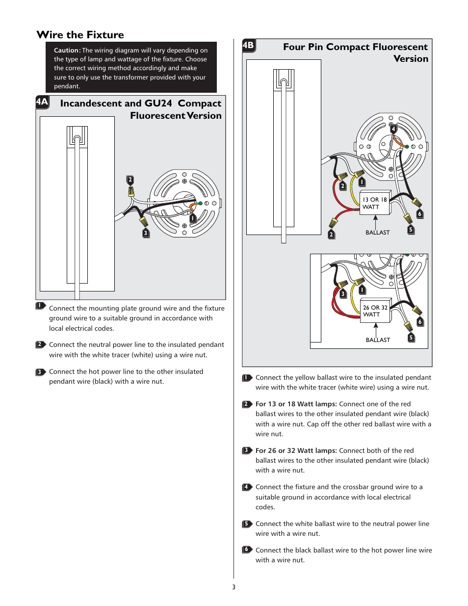 Wire the fixture, Incandescent and 24 compact gu fluorescent version, Four pin compact fluorescent version | 1a 4a, 1a 4b | LBL Lighting Clifton User Manual | Page 3 / 4