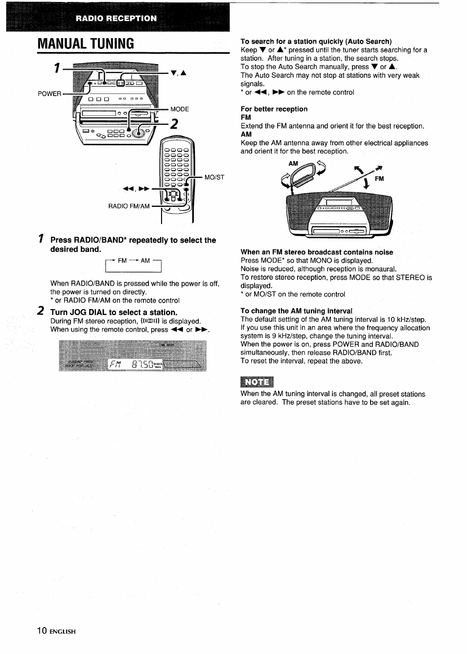 Manual tuning, Turn jog dial to select a station, To search for a station quickly (auto search) | For better reception fm, When an fm stereo broadcast contains noise, To change the am tuning interval | Aiwa CSD-MD5 User Manual | Page 10 / 80
