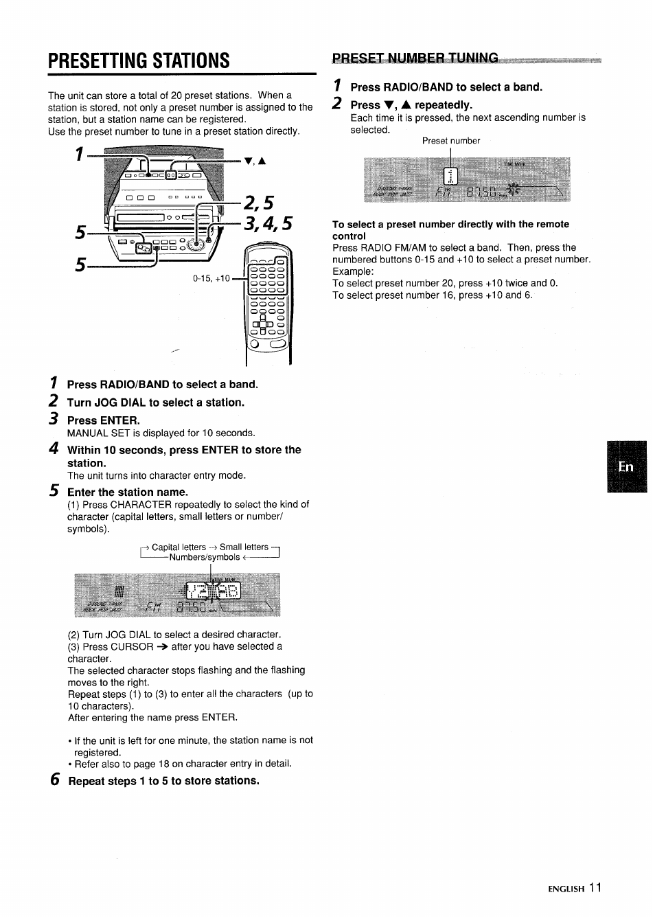1 press radio/band to select a band, 2 turn jog dial to select a station, 3 press enter | 5 enter the station name, 6 repeat steps 1 to 5 to store stations, 1 press radio/band to seiect a band, 2 press ▼, a repeatediy, Presening stations, Preset number tuning | Aiwa CSD-MD5 User Manual | Page 11 / 80