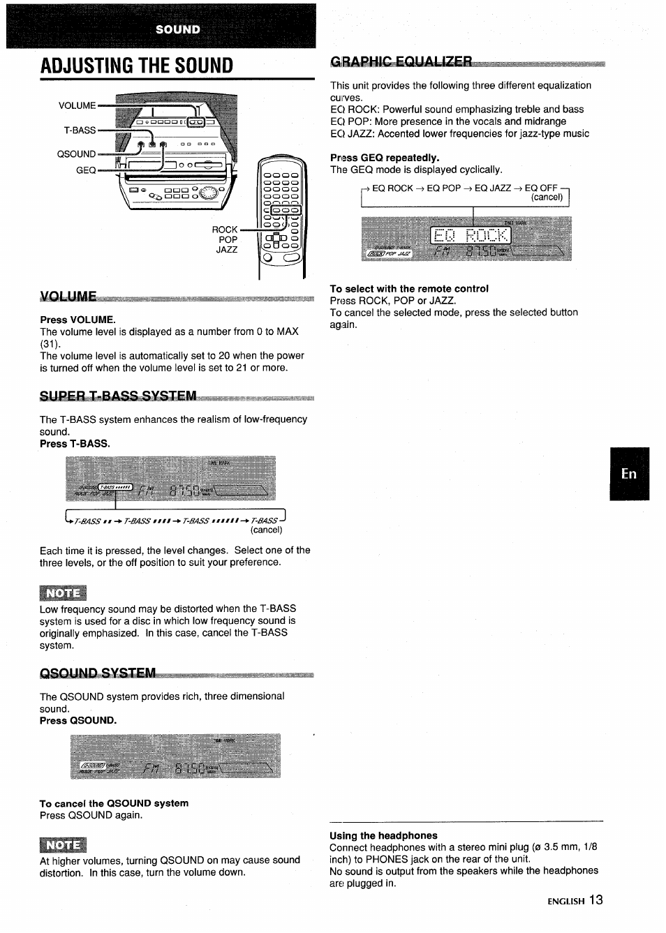 Adjusting the sound, Press volume, Press geq repeatedly | To select with the remote control, To cancel the qsound system, Using the headphones, 815q'r | Aiwa CSD-MD5 User Manual | Page 13 / 80