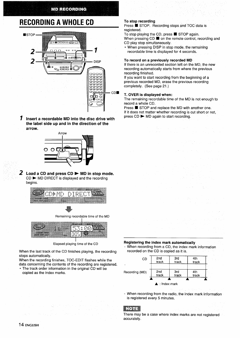 Recording a whole cd, 2 load a cd and press cd ^ md in stop mode, To stop recording | To record on a previously recorded md, T. over is displayed when, Registering the index mark automatically, Cdr- hd di rect^i | Aiwa CSD-MD5 User Manual | Page 14 / 80