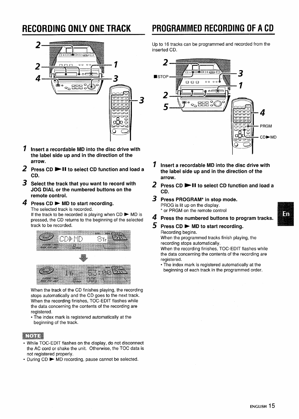 Recording only one track, Programmed recording of a cd, Ni;> svr | Aiwa CSD-MD5 User Manual | Page 15 / 80