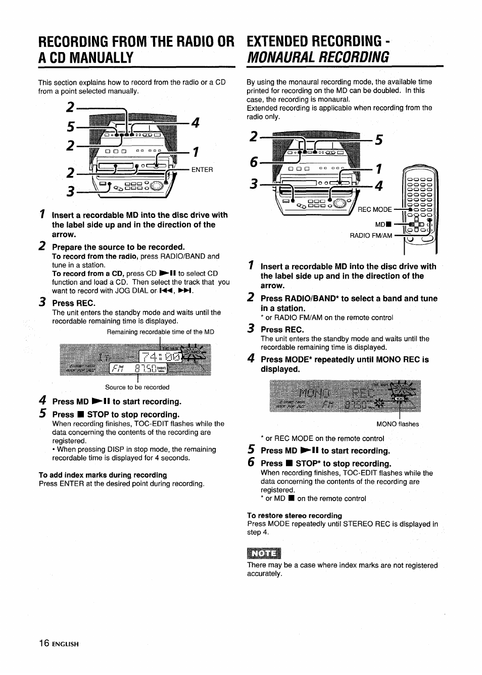 To add index marks during recording, To restore stereo recording, Monaural recording | Aiwa CSD-MD5 User Manual | Page 16 / 80