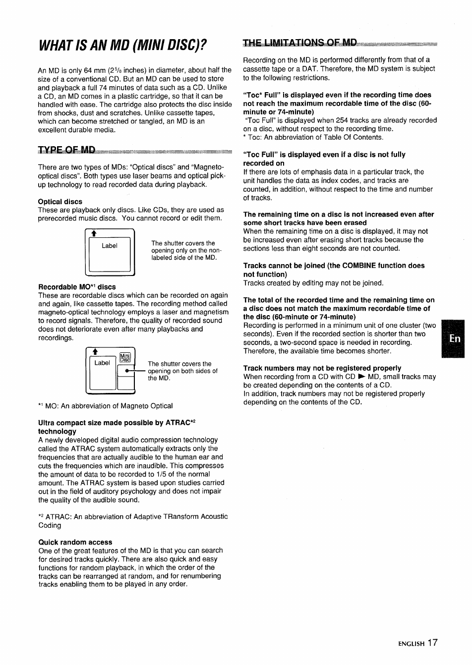 What is an md (mini disc, Optical discs, Recordable mo*^ discs | Quick random access, Track numbers may not be registered properly | Aiwa CSD-MD5 User Manual | Page 17 / 80