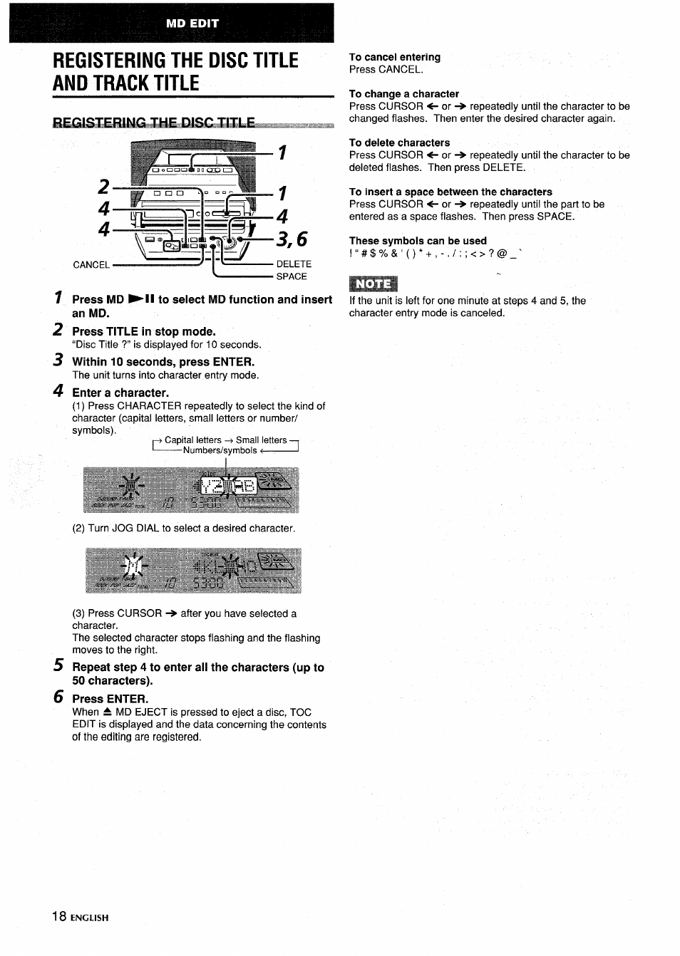 Registering the disc title and track title, Begistering the disc title, 2 press title in stop mode | 3 within 10 seconds, press enter, 4 enter a character, 6 press enter, To cancel entering, To change a character, To delete characters, To insert a space between the characters | Aiwa CSD-MD5 User Manual | Page 18 / 80