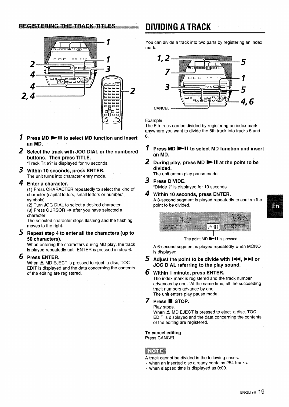 To cancel editing, Dividing a track, Bbhi^sqering the track titles | Aiwa CSD-MD5 User Manual | Page 19 / 80