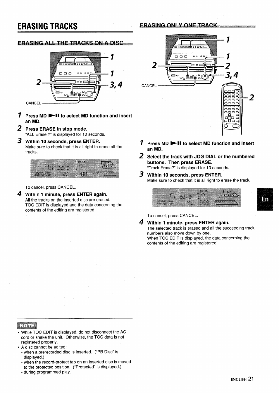 The traocs on, 2 press erase in stop mode, 3 within 10 seconds, press enter | 4 within 1 minute, press enter again, Erasing tracks, Erasing only one track | Aiwa CSD-MD5 User Manual | Page 21 / 80