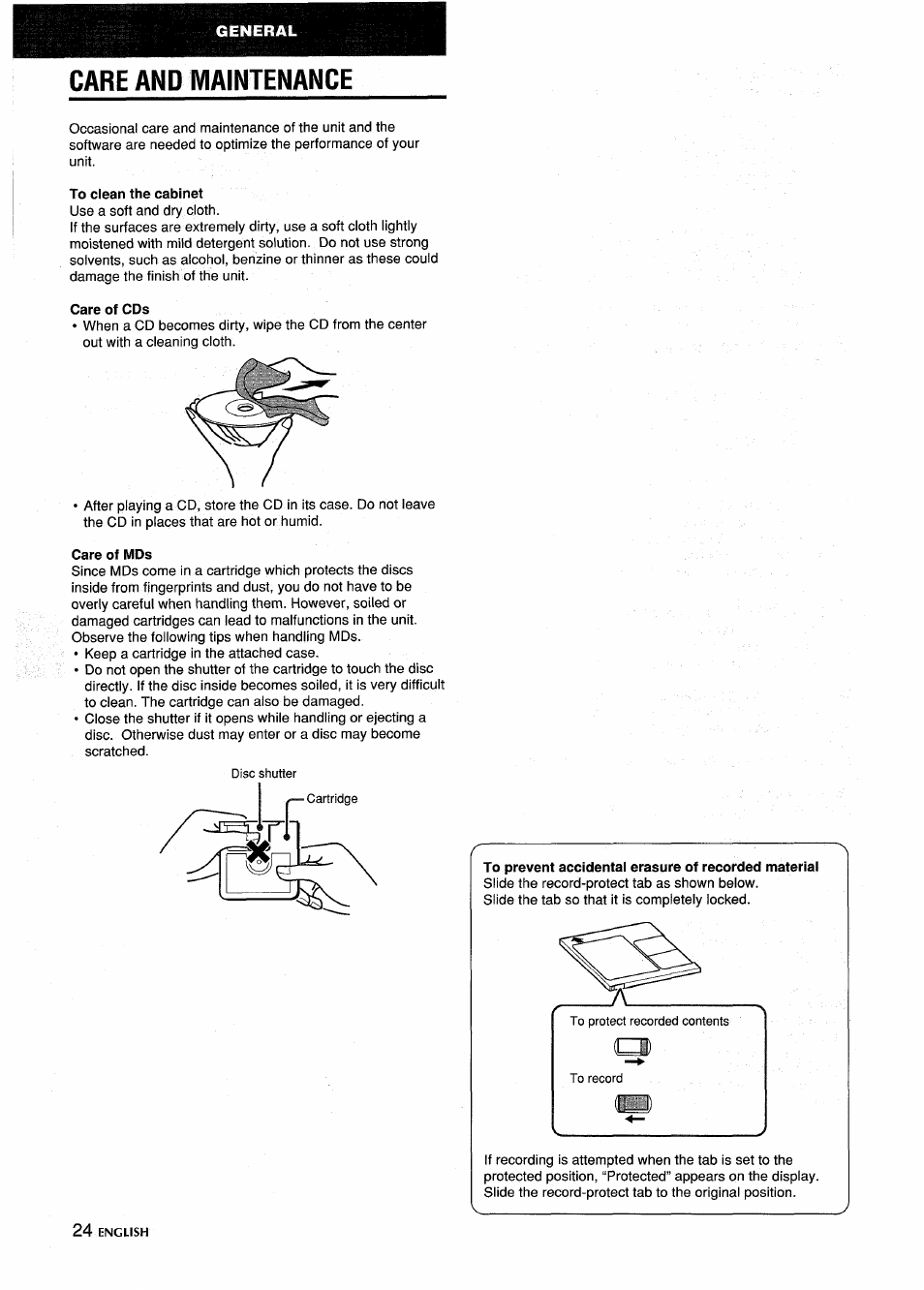 Care and maintenance, To clean the cabinet, Care of cds | Care of mds, To prevent accidental erasure of recorded material | Aiwa CSD-MD5 User Manual | Page 24 / 80