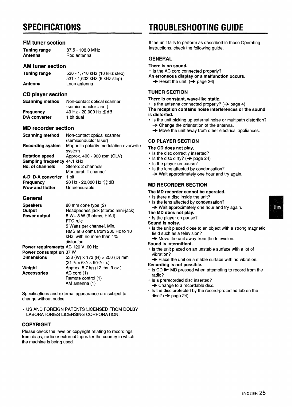 Specifications, Fm tuner section, Antenna | Am tuner section, Cd piayer section, Md recorder section, Recording system, General, Copyright, Troubleshooting guide | Aiwa CSD-MD5 User Manual | Page 25 / 80