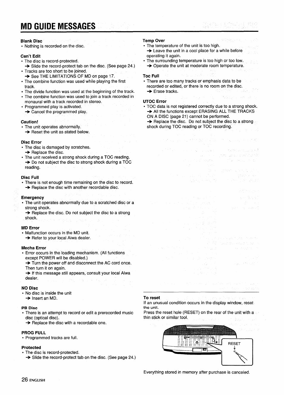 Md guide messages, Blank disc, Can’t edit | Caution, Temp over, Toe full, Utoc error, Disc error, Disc full, Emergency | Aiwa CSD-MD5 User Manual | Page 26 / 80