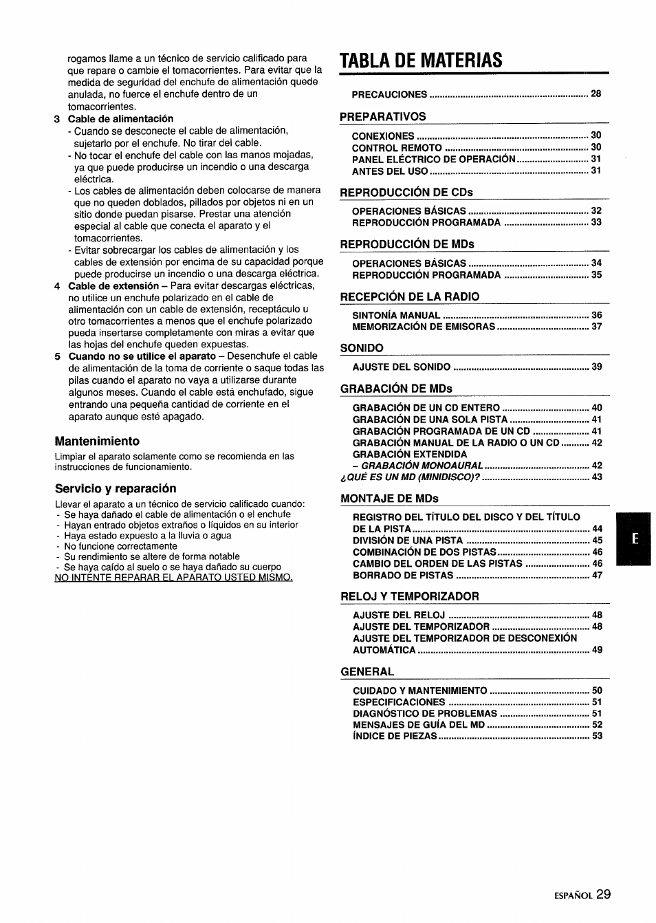 3 cable de alimentación, Mantenimiento, Servicio y reparación | Tabla de materias | Aiwa CSD-MD5 User Manual | Page 29 / 80