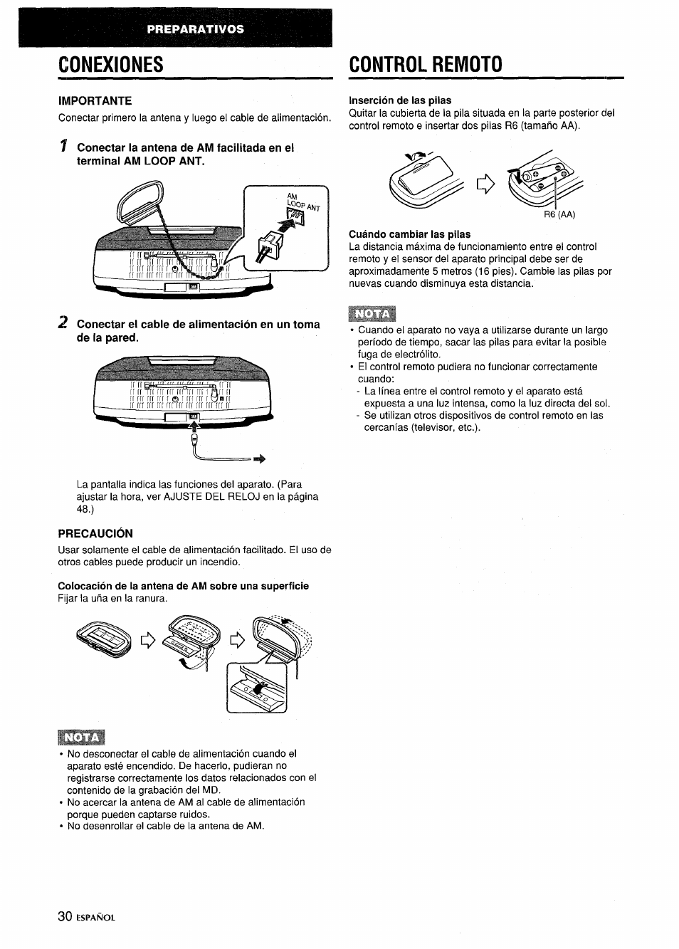Control remoto, Importante, Inserción de las pilas | Precaución, Colocación de la antena de am sobre una superficie, Conexiones control remoto | Aiwa CSD-MD5 User Manual | Page 30 / 80