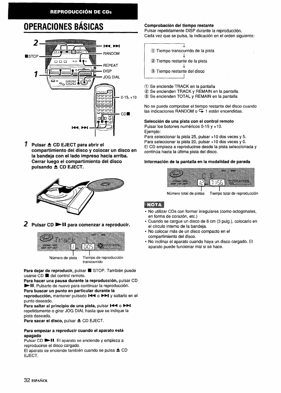 Operaciones básicas, Comprobación del tiempo restante, Selección de una pista con el control remoto | Aiwa CSD-MD5 User Manual | Page 32 / 80