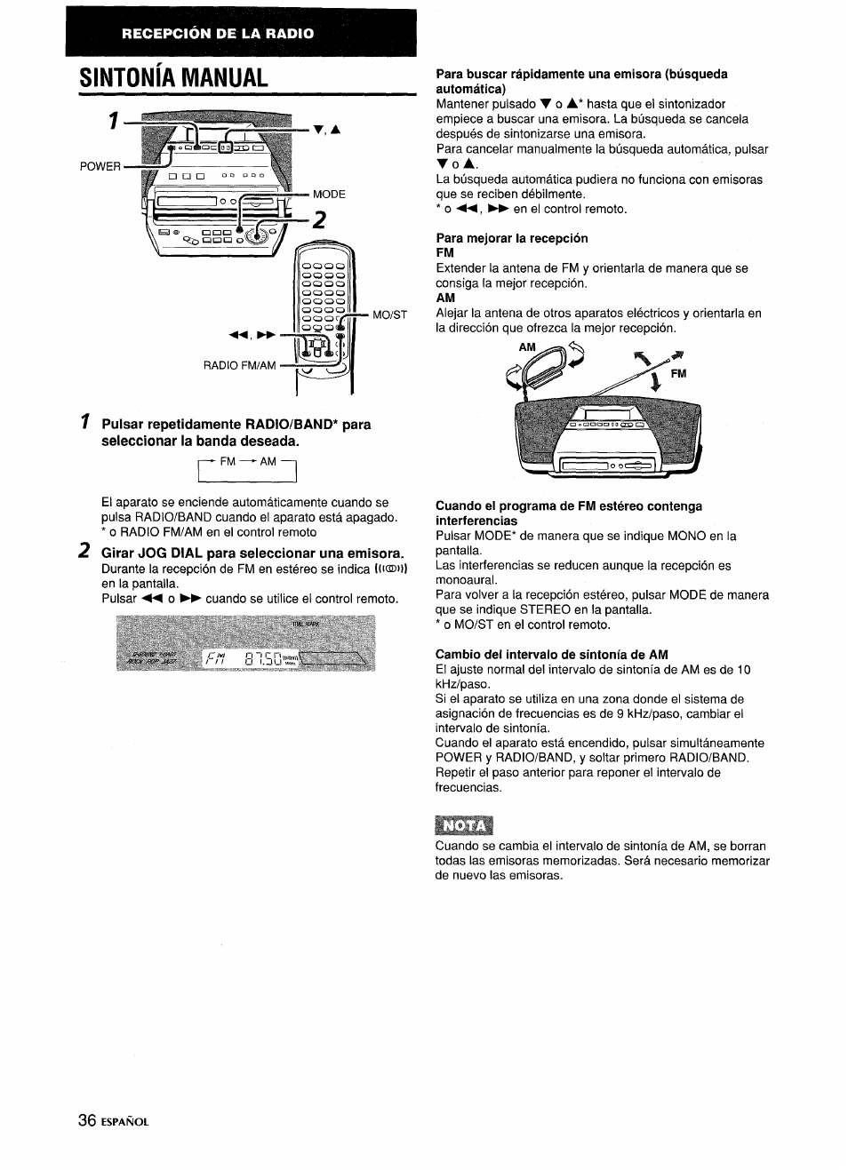 Sintonia manual, Girar jog dial para seleccionar una emisora, Para mejorar la recepción fm | Cambio del intervalo de sintonía de am, Sintonía manual | Aiwa CSD-MD5 User Manual | Page 36 / 80