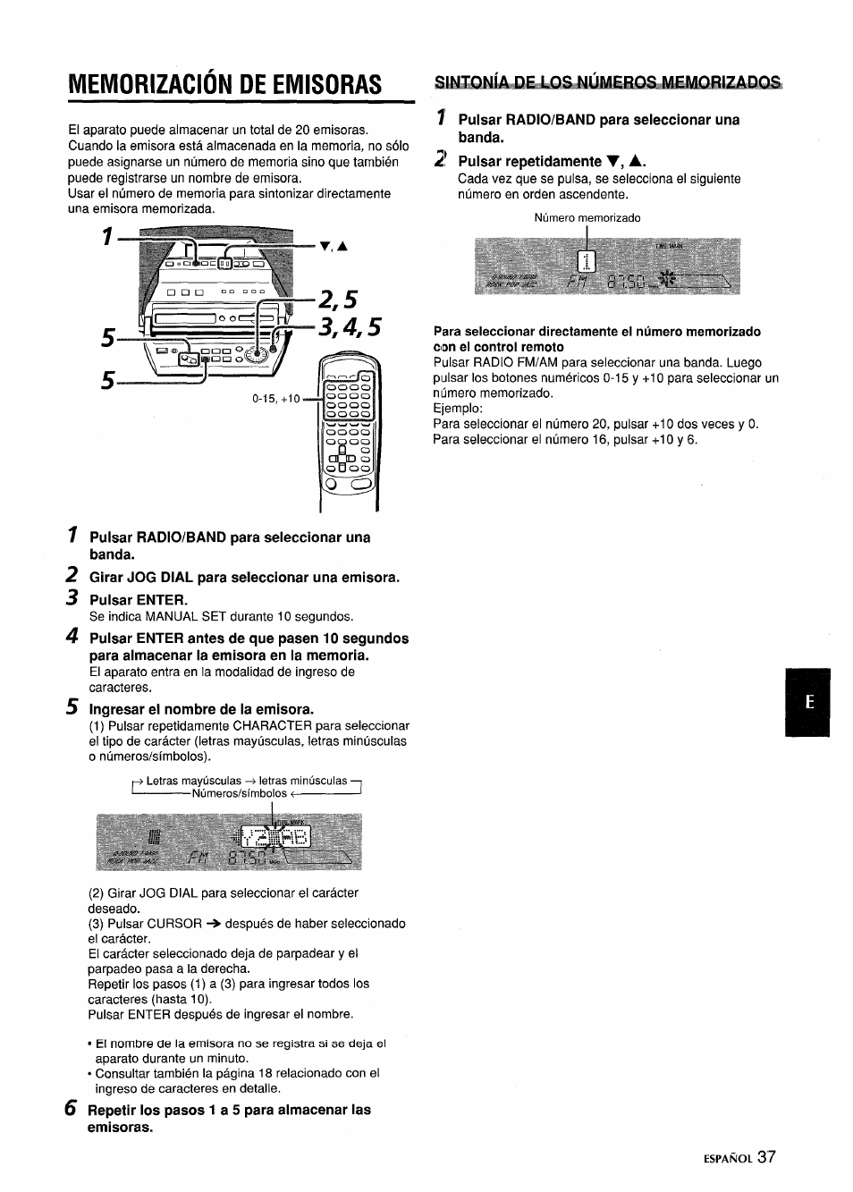 Memorizacion de emisoras, Pulsar radio/band para seleccionar una banda, Ingresar el nombre de la emisora | Memorización de emisoras | Aiwa CSD-MD5 User Manual | Page 37 / 80