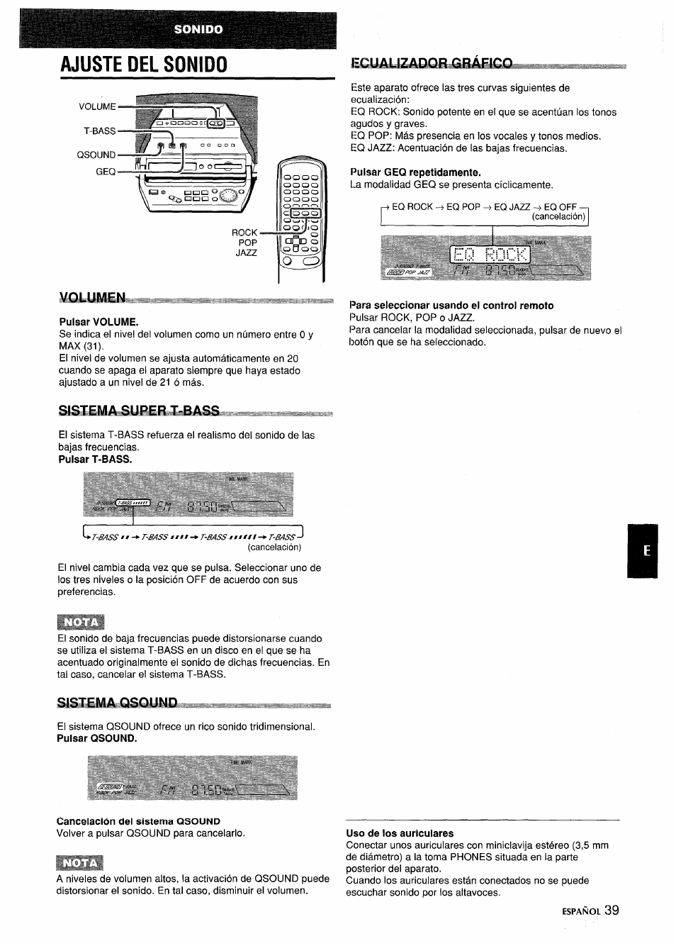 Pulsar volume, Pulsar geq repetidamente, Para seleccionar usando el control remoto | Cancelación del sistema qsound, Uso de los auriculares, Ajuste del sonido, Eq fi;0cl, Volumen, Ecualizador gráfico | Aiwa CSD-MD5 User Manual | Page 39 / 80