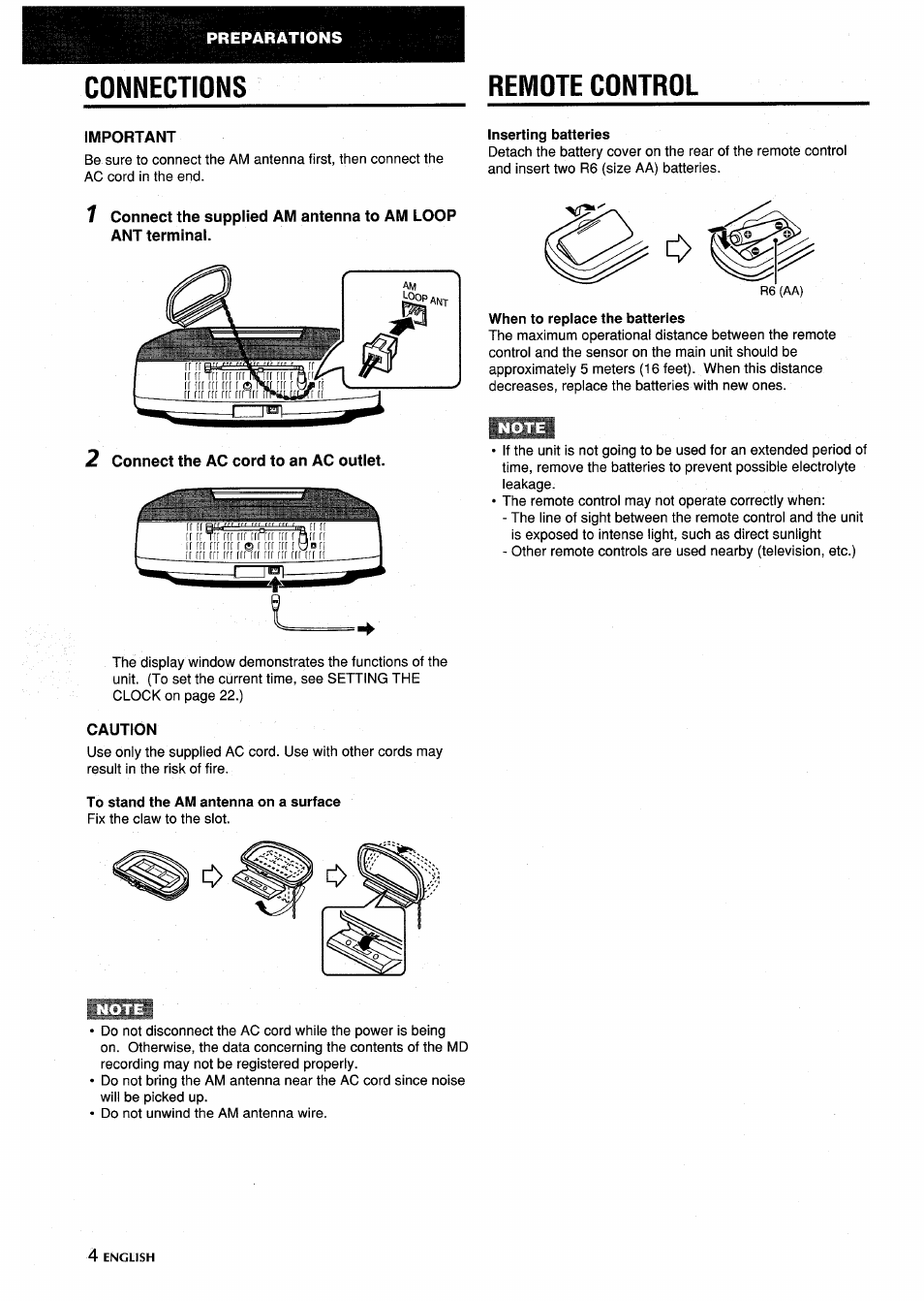 Remote control, Important, Inserting batteries | 2 connect the ac cord to an ac outlet, When to replace the batteries, Caution, To stand the am antenna on a surface, Connections remote control | Aiwa CSD-MD5 User Manual | Page 4 / 80