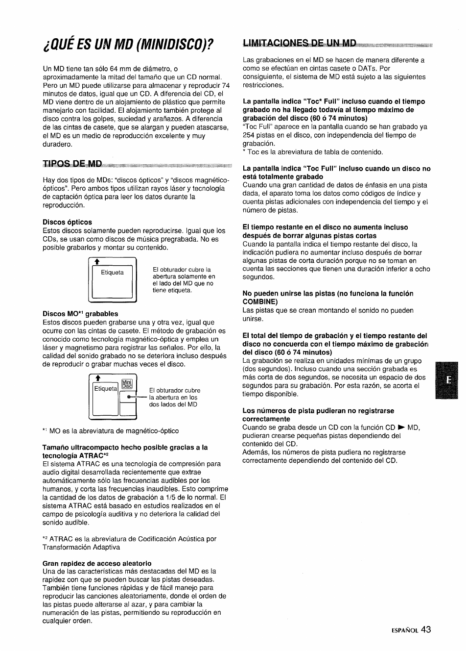 Qué es un md (minidisco}? umitaciones de un md, Tipos de md, Qué es un md (minidisco | Umitaciones de un md | Aiwa CSD-MD5 User Manual | Page 43 / 80