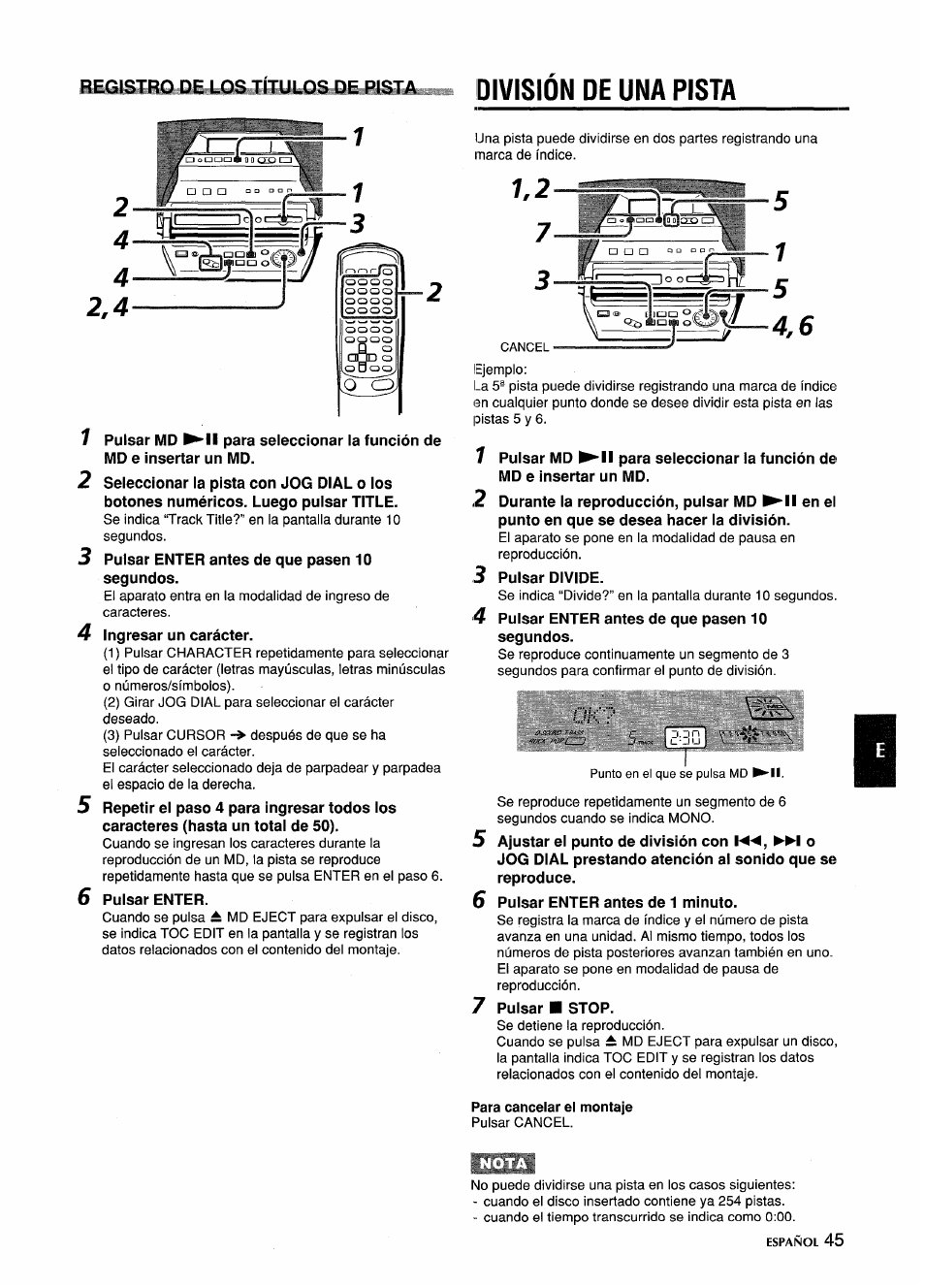 Division de una pista, Para cancelar el montaje, División de una pista | Aiwa CSD-MD5 User Manual | Page 45 / 80