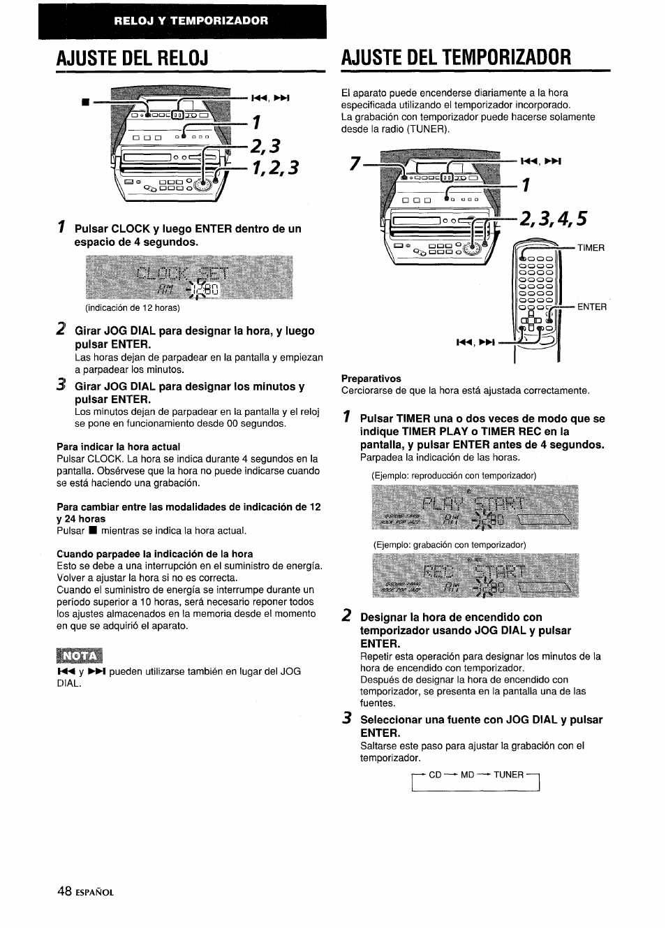 Ajuste del temporizador, Para indicar la hora actual, Cuando parpadee ia indicación de la hora | Preparativos, Ajuste del temporizados, Ajuste del reloj ajuste del temporizador ■ isizn, Cloci-^;, ;5e r, Rec s:thk’t, F l h, Sthkt | Aiwa CSD-MD5 User Manual | Page 48 / 80
