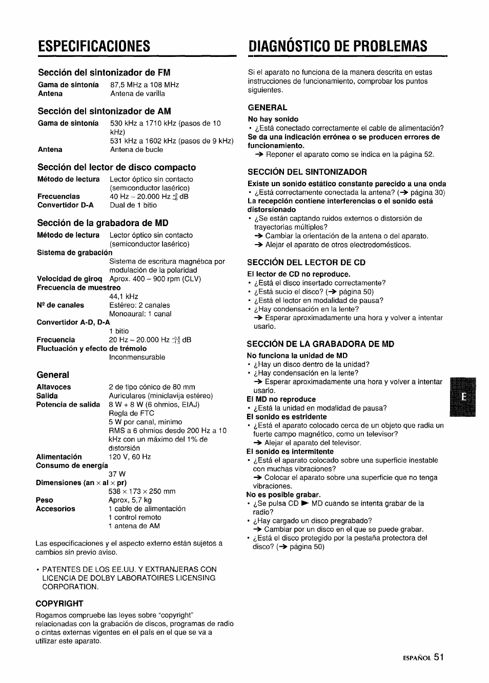 Diagnóstico de problemas, Sección del sintonizador de fm, Sección del sintonizador de am | Sección del lector de disco compacto, Sección de la grabadora de md, Copyright, Sección del sintonizador, Sección del lector de cd, Especificaciones diagnóstico de problemas | Aiwa CSD-MD5 User Manual | Page 51 / 80
