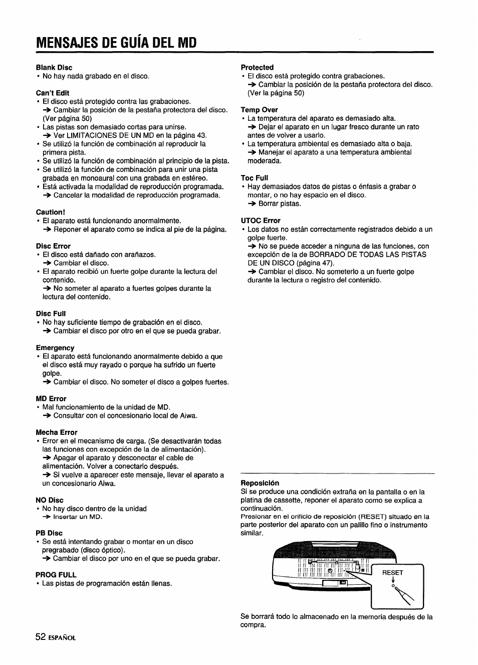 Mensajes de guia del md, Blank disc, Can’t edil | Caution, Disc error, Protected, Temp over, Toe full, Utoc error, Disc full | Aiwa CSD-MD5 User Manual | Page 52 / 80
