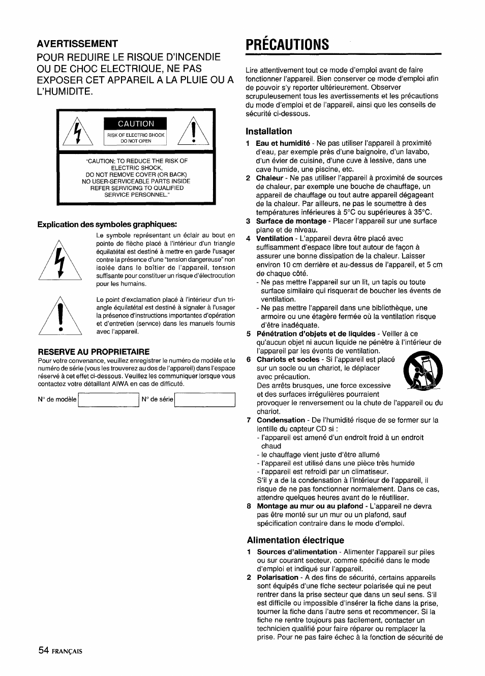 Avertissement, Precautions, Explication des symboles graphiques | Reserve au proprietaire, Installation, Alimentation électrique | Aiwa CSD-MD5 User Manual | Page 54 / 80