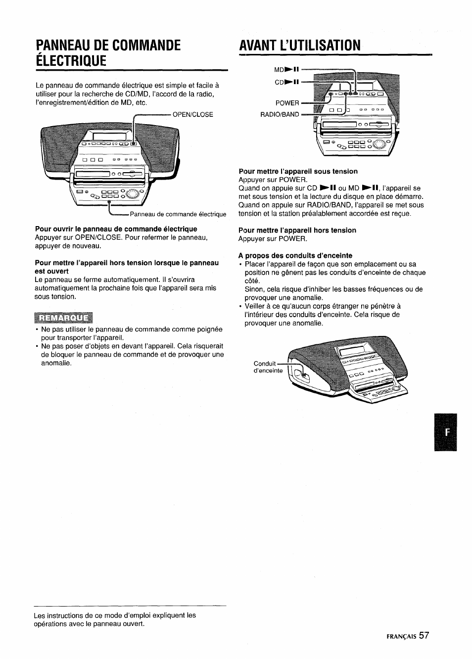 Panneau de commande électrique, Avant l’utilisation, Pour ouvrir le panneau de commande électrique | Pour mettre l’appareil sous tension, Pour mettre l’appareil hors tension, A propos des conduits d’enceinte | Aiwa CSD-MD5 User Manual | Page 57 / 80