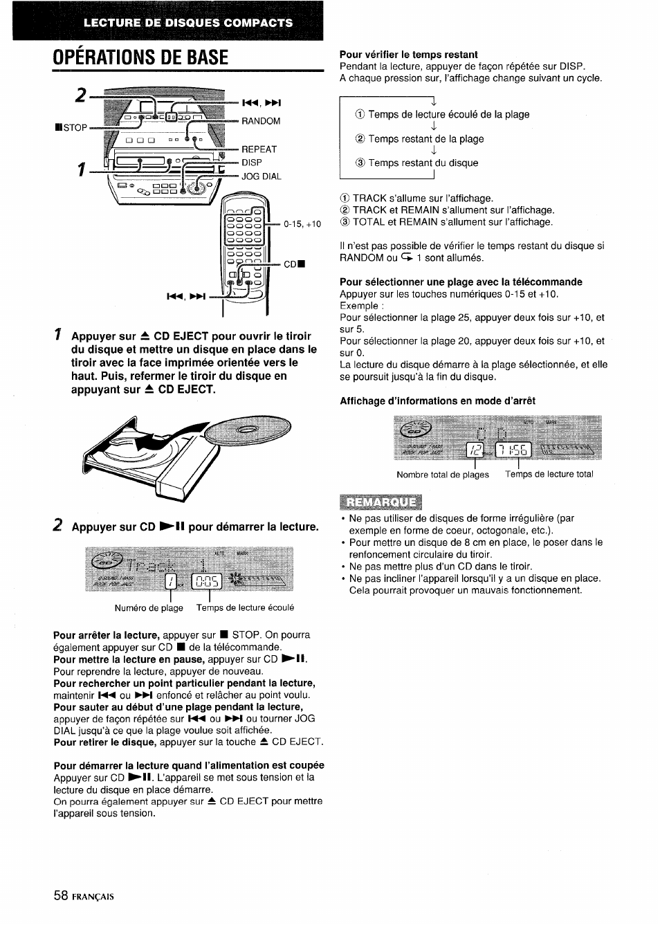 Operations de base, Pour vérifier le temps restant, Pour sélectionner une plage avec la télécommande | Affichage d’informations en mode d’arrêt, Opérations de base | Aiwa CSD-MD5 User Manual | Page 58 / 80