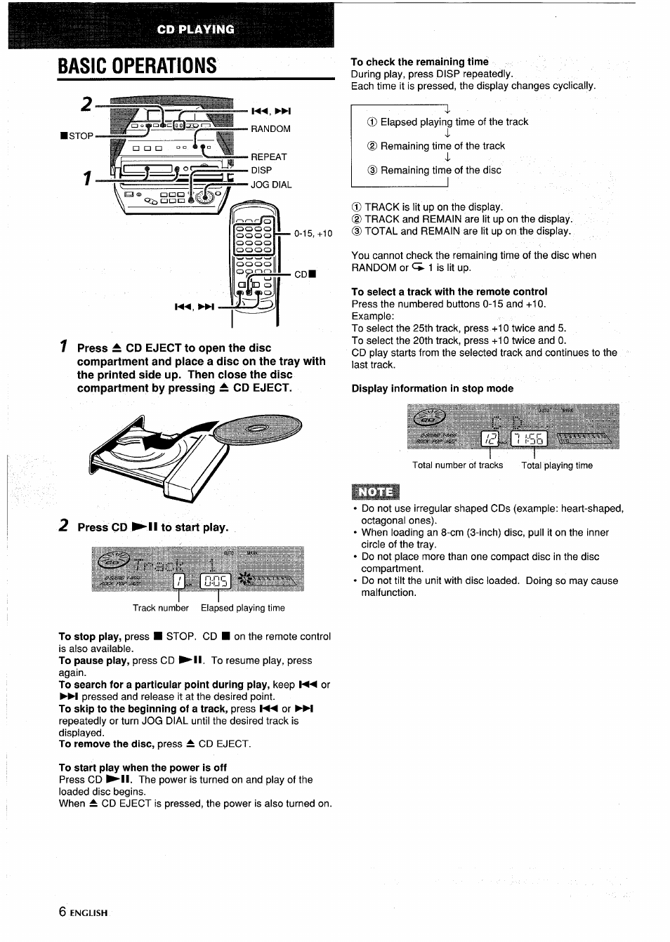 Basic operations, 1 press ± cd eject to open the disc, 2 press cd ^11 to start play | To check the remaining time, To select a track with the remote control, Display information in stop mode, To start play when the power is off | Aiwa CSD-MD5 User Manual | Page 6 / 80