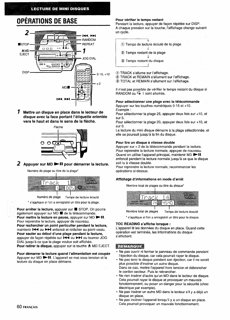 Opérations de base, 2 appuyer sur md ^11 pour démarrer la lecture, Pour vérifier le temps restant | Ti-ack 1 | Aiwa CSD-MD5 User Manual | Page 60 / 80