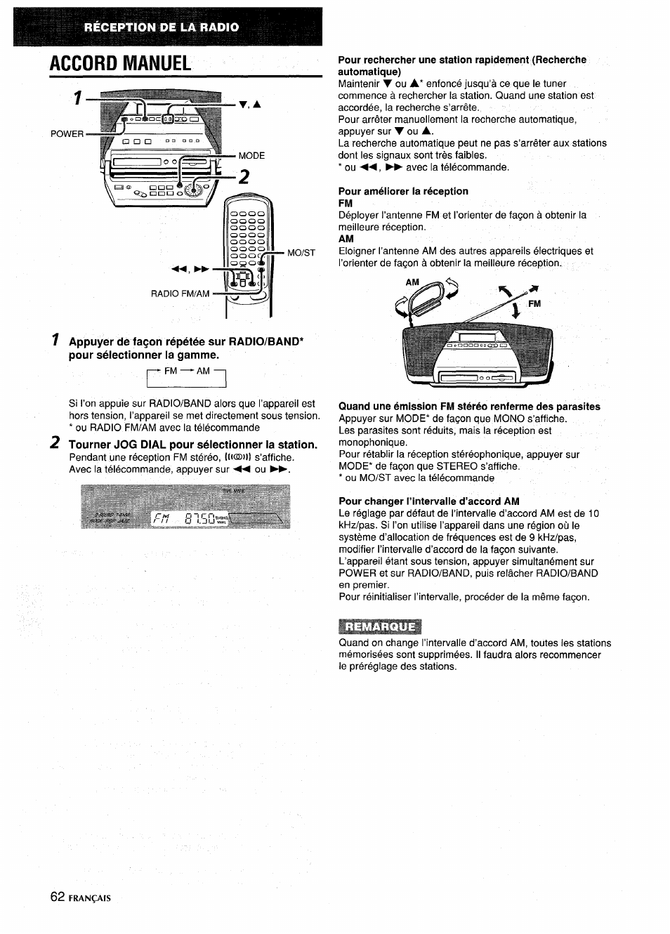Accord manuel, Tourner jog dial pour sélectionner la station, Pour améliorer la réception fm | Pour changer i’intervalie d'accord am | Aiwa CSD-MD5 User Manual | Page 62 / 80