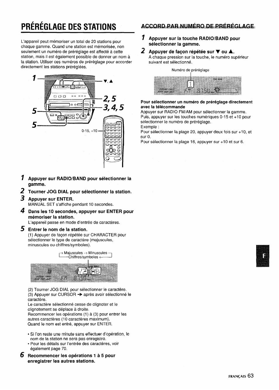 Prereglage des stations, Appuyer sur radio/band pour sélectionner la gamme, Tourner jog dial pour sélectionner la station | Appuyer sur enter, Entrer le nom de la station, Appuyer de façon répétée sur t ou a, Préréglage des stations | Aiwa CSD-MD5 User Manual | Page 63 / 80