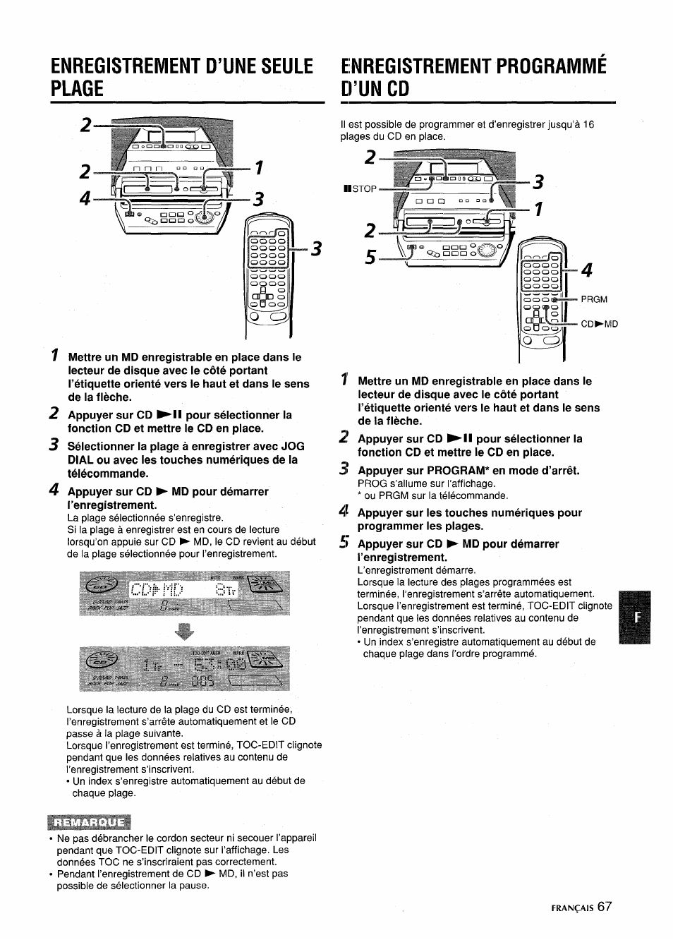 Enregistrement d’une seule plage, Enregistrement programme d’un cd | Aiwa CSD-MD5 User Manual | Page 67 / 80