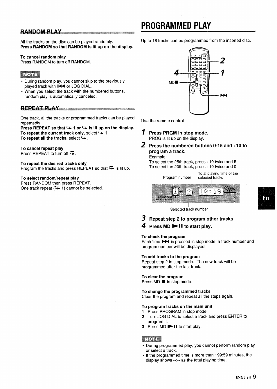 Programmed play, To cancel random play, To cancel repeat play | To repeat the desired tracks only, To select random/repeat play, 7 press prgm in stop mode, 3 repeat step 2 to program other tracks, 4 press md ►!! to start play, To check the program, To add tracks to the program | Aiwa CSD-MD5 User Manual | Page 7 / 80