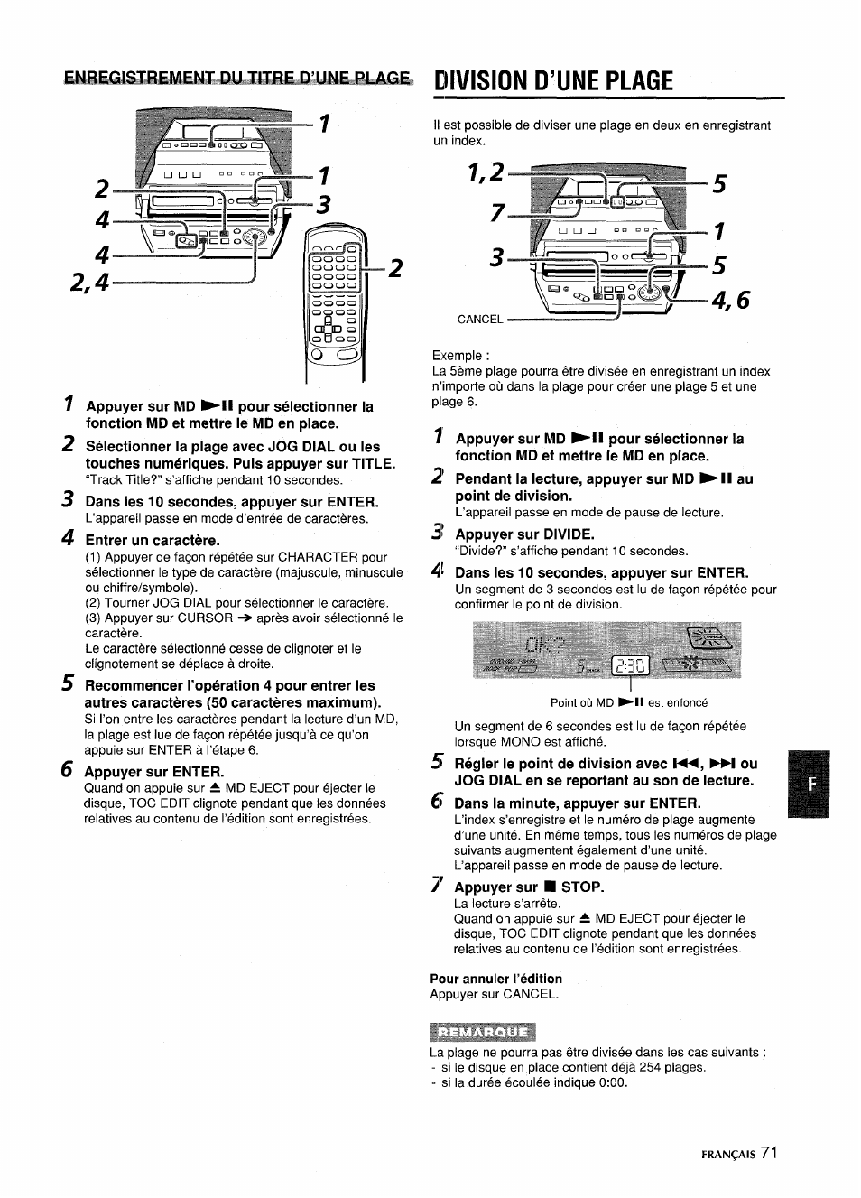Division d’une plage, Pour annuler l’édition | Aiwa CSD-MD5 User Manual | Page 71 / 80