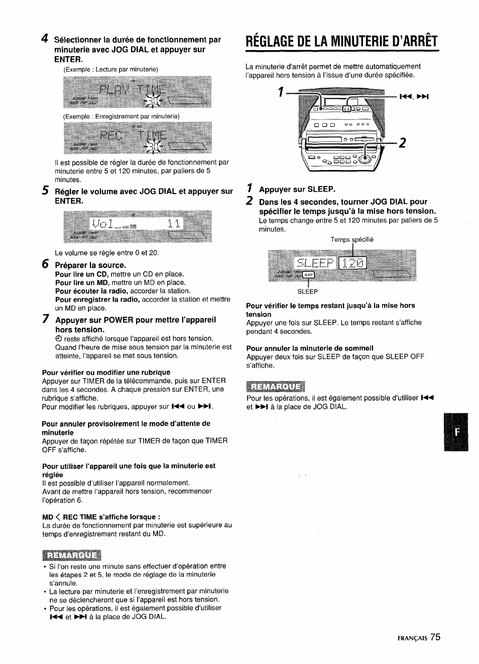 Pour vérifier ou modifier une rubrique, Md < rec time s’affiche lorsque, Reglage de la minuterie d’arret | Pour annuler la minuterie de sommeil, Réglage de la minuterie d’arrêt, Pl. h y t ne | Aiwa CSD-MD5 User Manual | Page 75 / 80