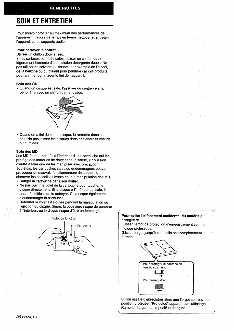 Soin et entretien, Pour nettoyer le coffret, Soin des cd | Soin des md | Aiwa CSD-MD5 User Manual | Page 76 / 80