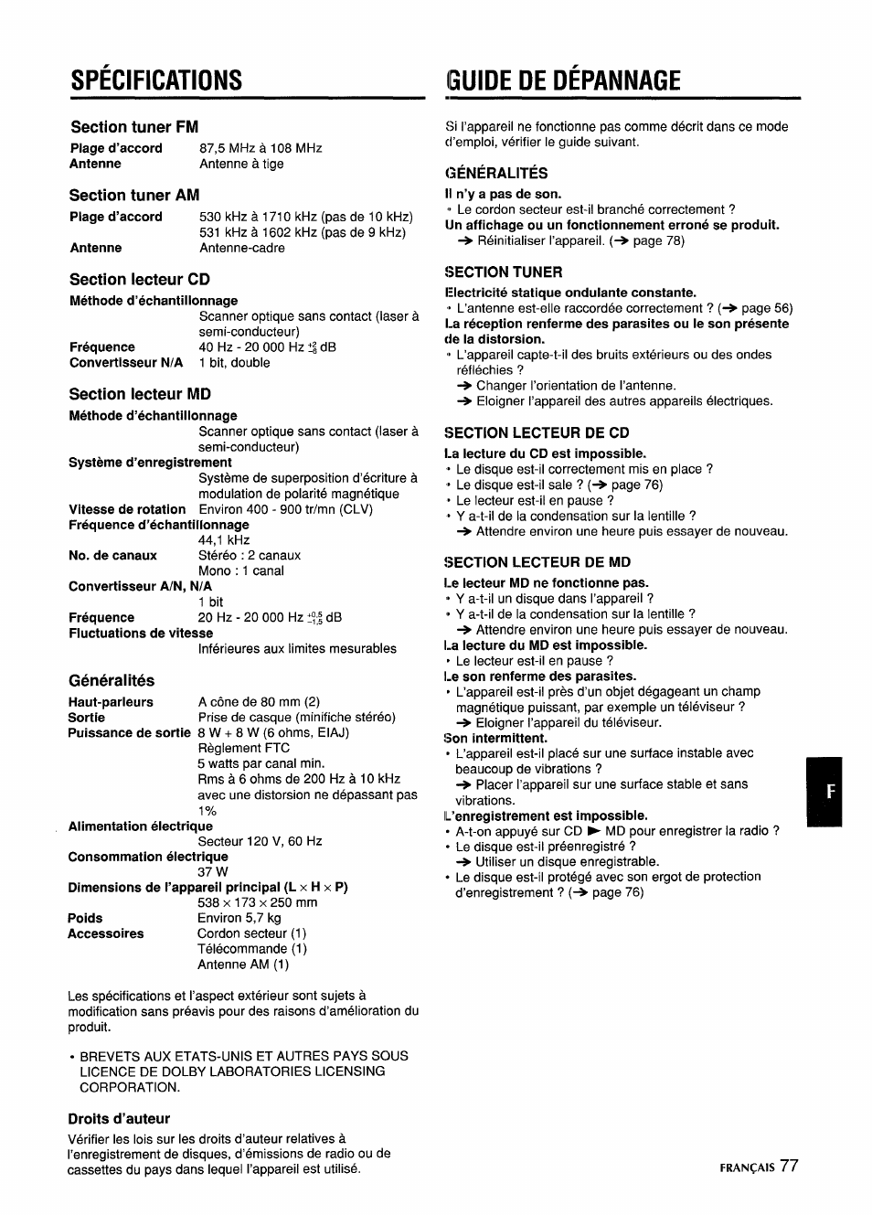 Guide de depannage, Section tuner fm, Section iecteur cd | Section iecteur md, Généralités, Droits d’auteur, Généralités il n’y a pas de son, Section tuner, Section lecteur de cd, Guide de dépannage | Aiwa CSD-MD5 User Manual | Page 77 / 80