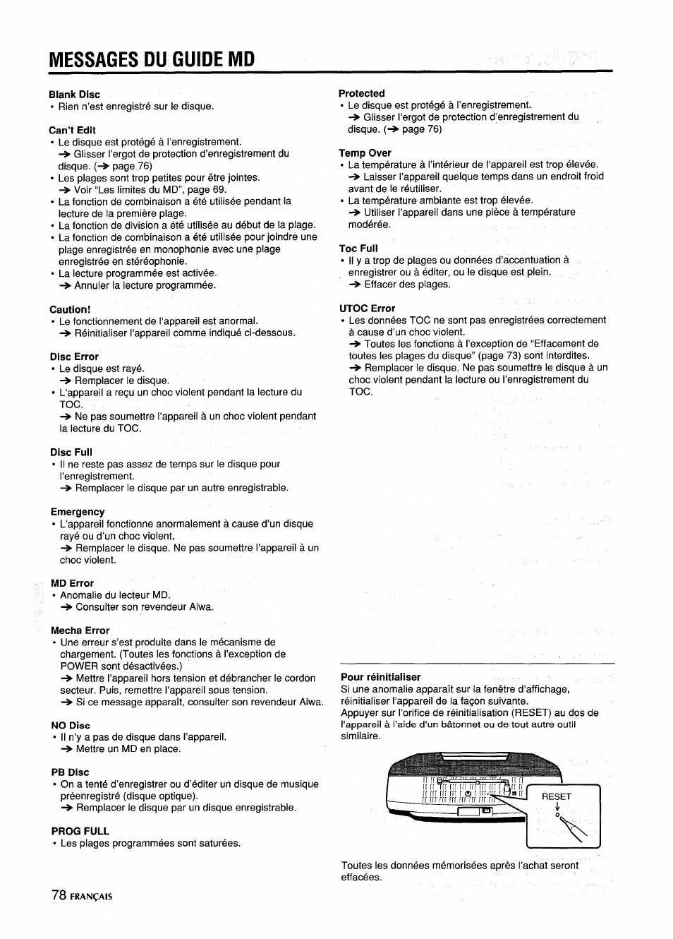 Messages du guide md, Blank disc, Can’t edit | Caution, Disc error, Protected, Temp over, Toc full, Utoc error, Disc full | Aiwa CSD-MD5 User Manual | Page 78 / 80